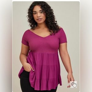 NWT Torrid Fabric Mix Knit And Crinkle Gauze Off The Shoulder Smocked Bodice Top